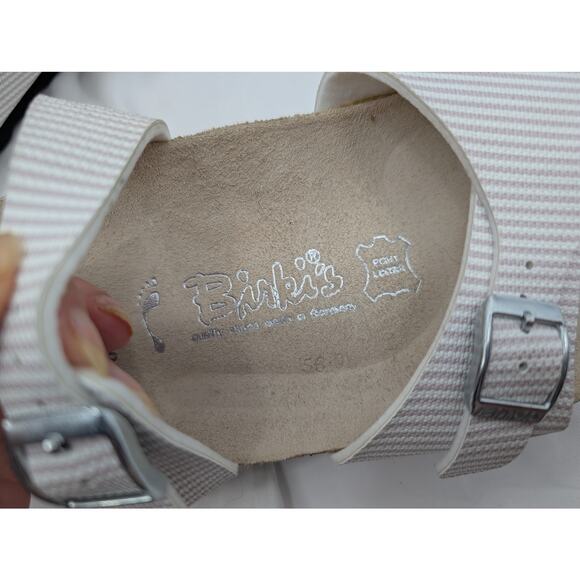 Birkenstock Birki's Aziza Sandal White and Gray Stripe Two Strap Buckle 7 EU 38 - Picture 2 of 8